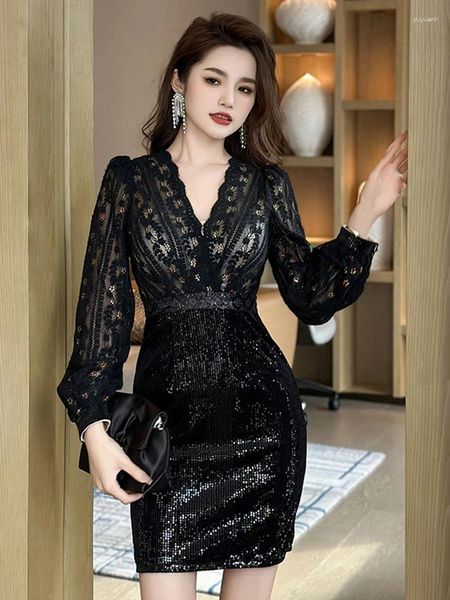 Lässige Kleider eleganter Prom Frauen Luxus Abendpartykleid Schwarzes glänzendes Pailletten bloße Spitze Kurzkleid Lady Bankett Club Vestidos Herbst