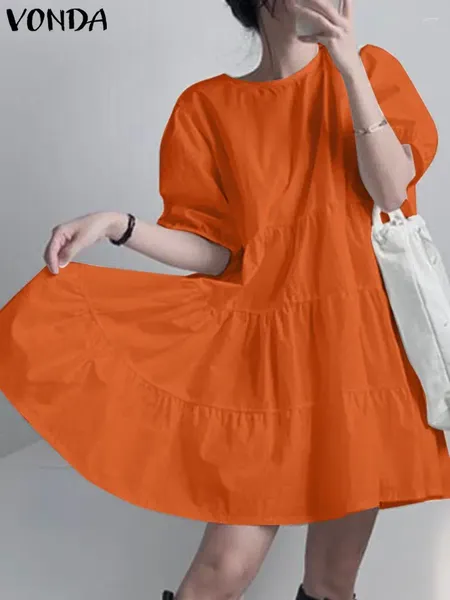Vestidos casuais Vonda Women Summer Dress Fashion Mini Sundress 2024 elegante pescoço redondo Ruffled Solid Color Party Vestido Robe de manga curta