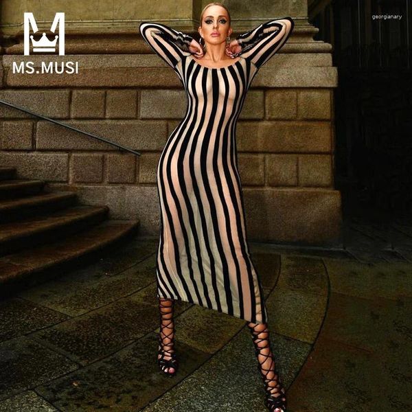 Abiti casual Msmusi 2024 Fashion Women Sexy Stripe Patchwork Maglie a maglie Long BodyCon Club Event Club Evento Midi Vestitidos