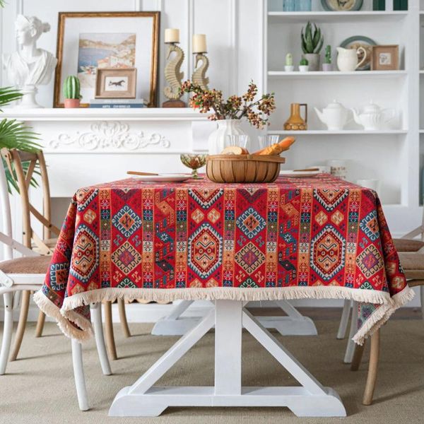 Panno da tavolo rosso bohémien cotone e lino jacquard nappe geometriche decorazioni per feste di vacanza in stile marocchino