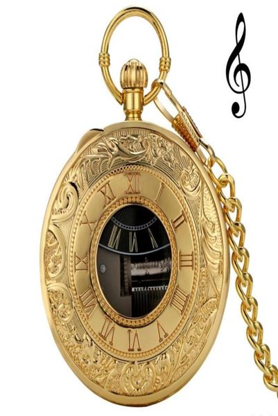 Exquise Gold Musical Movement Pocket Watch Handkurbel spielen Musik Uhr Kette Römische Nummer geschnitzte Uhr Happy Jahr Geschenke256e6800903