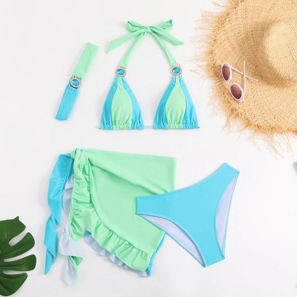 Costumi da bagno femminile blu verde patchwork costume da bagno a 4 pezzi per donne 2024 Summer Sexy Beach Skirt Bikini Bikini Supere