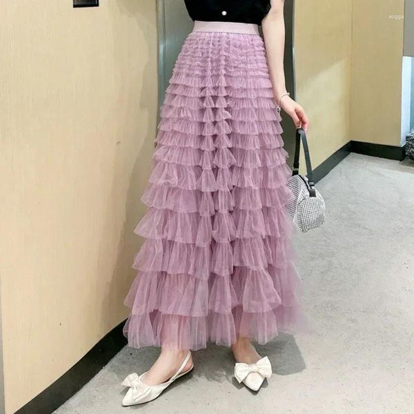 Signe Mesh Cake Long Skirt Women Women Elegant Princess Piete Harajuku Vestido de Festa Party Solid Faldas Fashion Streetwear