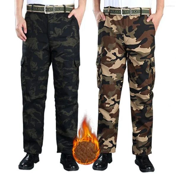 Calça masculina Homens de cordão de cordão de amarração de cintura elástica impressão de camuflagem grossa de pelúcia