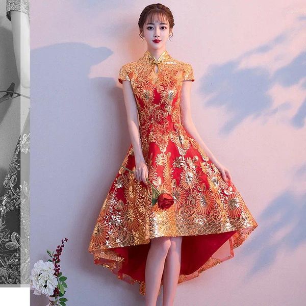 Roupas étnicas Noiva Red Chinese Dress Stand-up Stand-up Gold Gold Gold Wedding Toast Mulheres melhoradas Cheongsam