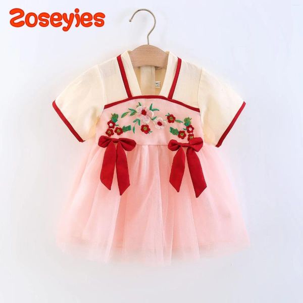 Девушка платья летние маленькие девочки платье китайского лука в стиле вышивка Hanfu юбка с коротким рукавом