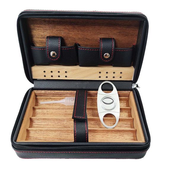 Zigarre Humidor Hülle tragbares Zedernholz -Holz Leder -Reise Humidor -Luftbefeuchter Geschenkbox mit Zigarrenschneider Geschenk für Cohiba