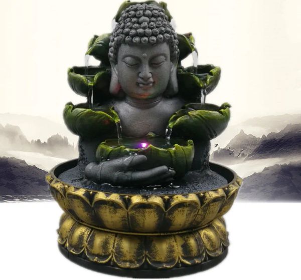 Werkzeuge kreative Wohndekoration Harz fließend Wasserfall LED FOUNDEN BUDDHA STATUE Lucky Feng Shui Ornamente Landschaft Dekor T2003