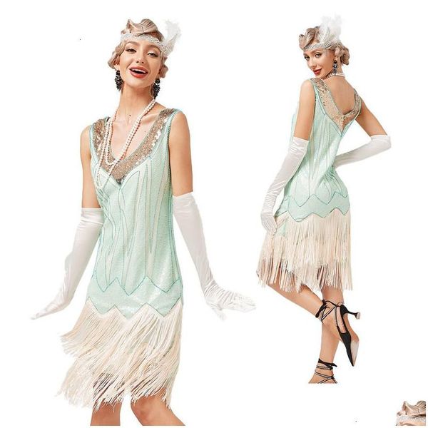 Vestidos casuais básicos Mulheres v pescoço com miçangas com borlas com franjas coquetel coquetel de casamentos de casamentos club swing vestido de grande gatsby 1920s flapper Si dhqus