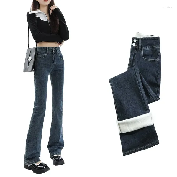 Jeans femininos 2024 Autumn Winter Velvet Flare espessado e isolado de botão duplo elástico cintura alta calça jeans slim