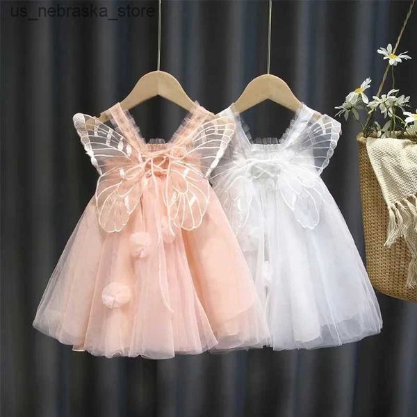 Vestidos de menina meninas de bebê vestido de verão rosa fofo suspensórios + asas europeias estilo americano estilo princesa elegante vestido de aniversário roupas de festa q240418