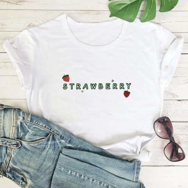 Frauen T-Shirts Erdbeer-T-Shirt Frauen Einfaches Wildhemd weiße Freizeit Tops Camisas Mujer Baumwolle O-Neck Kurzarm T-Shirt