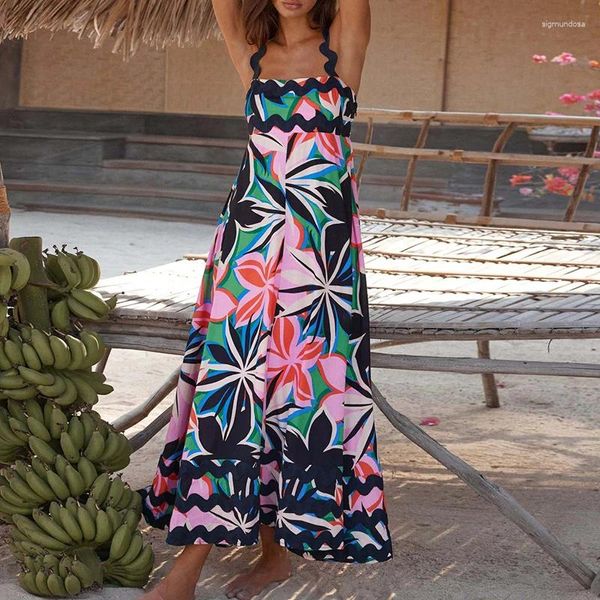 Vestidos casuais 2024 de verão feminino sem mangas com tiras boêmias estampas florais fluindo maxi vestido praia férias