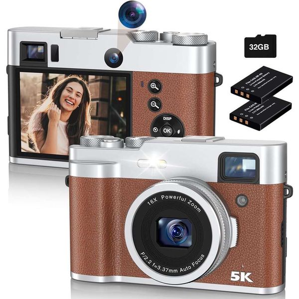 Câmera digital 5K com câmera selfie de 48MP, lentes duplas, zoom de 16x, sessão de pontos compactos para fotografia, visor incluído