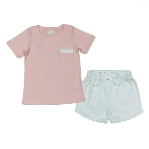 Kleidungssets Großhandel Baby Boy Summer Set Kinder Baumwolle Kurzärmel Taschen T-Shirt Pink T-Shirt Kleinkind Säugling karierte Shorts Kinder Outfit