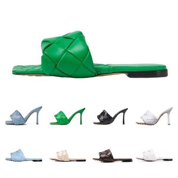 Lido sandalet terlik kadın tasarımcı elbise ayakkabıları dokuma katırlar düz slaytlar intrecciato nappa kare sules bayanlar düğün yüksek topuklu ince pompalar flip flop ayakkabı 35-40