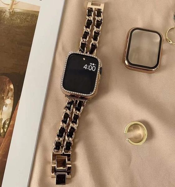 Women Gold Gold Apple Watch Band 7 6 SE 41mm 45mm 3842mm Lady Luxury Jewelry Metal Leather Bracelet para Iwatch 7 Strap2238837