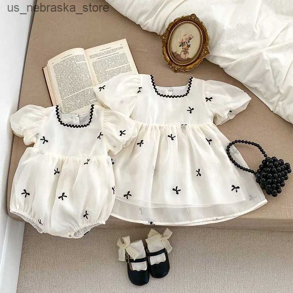 Kız elbiseler yaz kız kardeşler bebek kıyafetleri yay düğüm puf kolu kız elbise yeni doğan tulum nefes alabilen bebek tulum tatlı prenses kıyafetleri hediyeler q240418