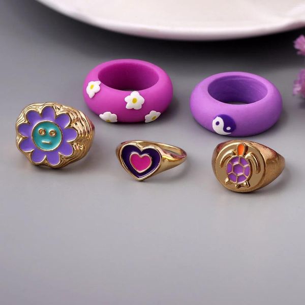 Clusterringe 5pcs/set süße süße Herzblume für Frauen Mädchen Großhandel Schmuck Metall Emaille Clay Ring Y2K Fashion Statement Schmuck Schmuck