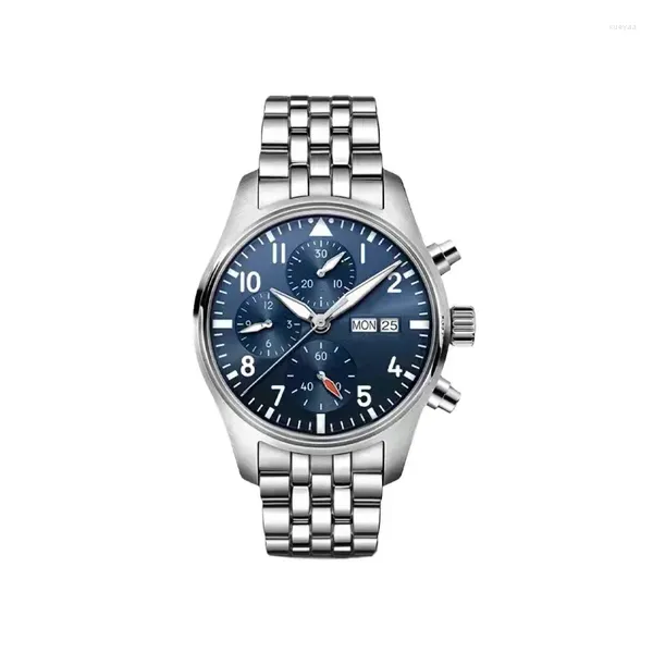 Armbanduhrenbuden für Herrengeschäft Casual Automatic mechanische Uhr Multifunktion Piloten Edelstahlarmband Blau Grün