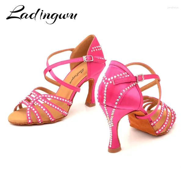 Танцевальная туфли Lodingwu Pink Red Wonan Satin Latin Salsa Pomegranate стразы