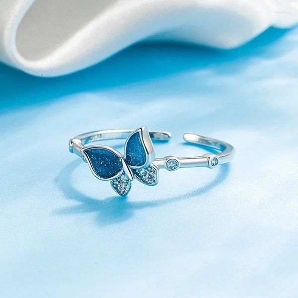 Ringos de cluster 925 Sterling Silver Blue Dropwise Glaze Ring For Women Girl Gift Zircon Butterfly Jóias de moda romântica