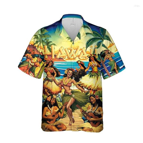 Herren lässige Hemden Vintage Beach Hula Mode Slim Fit für Bluse Männer Hawaiian Kleidung Kleid Camisas Casuais Blume Retro Harajuku