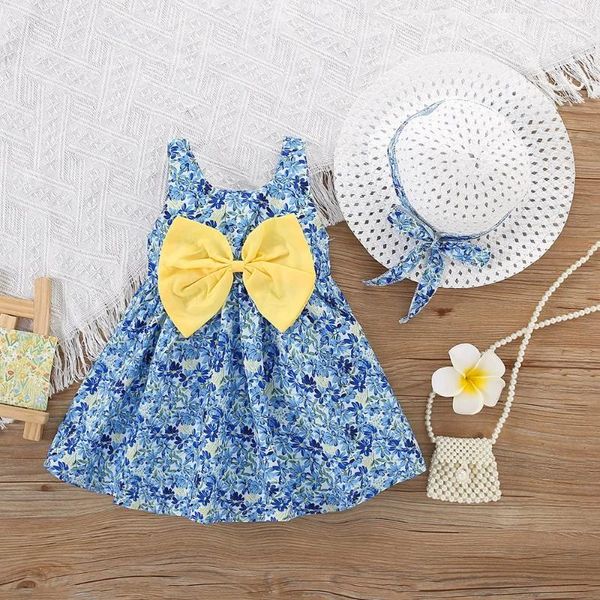 Mädchenkleider 2 PCs Baby Sommerkleid Süße ärmellose fragmentierte Blume Big Bug Länge Taille verpackt Party kommt mit Strandhut