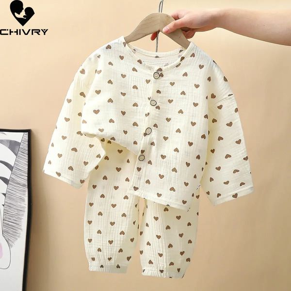 Crianças de verão fino pijamas sets meninos meninos desenho animado de três quartos de manga de algodão camisas com calças baby loungewear 240410