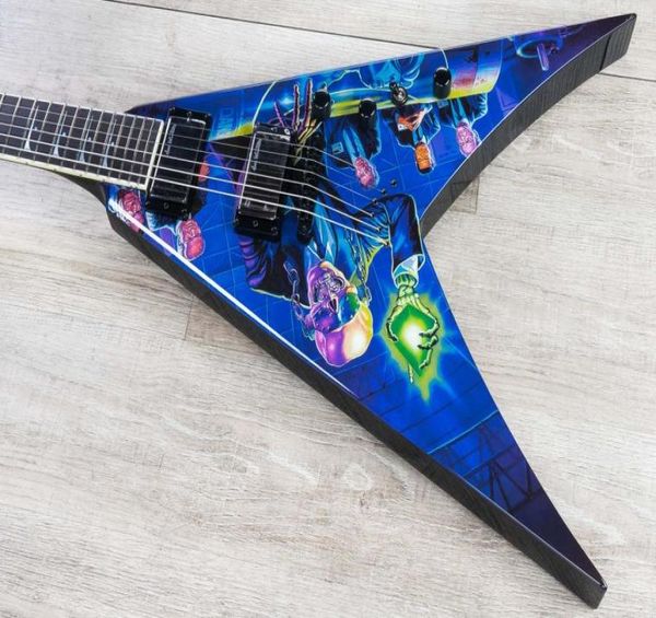 Loja personalizada Dave Mustaine Rust in Peace Blue Flying V Electric Guitar HandWork Pintura ativa Capta