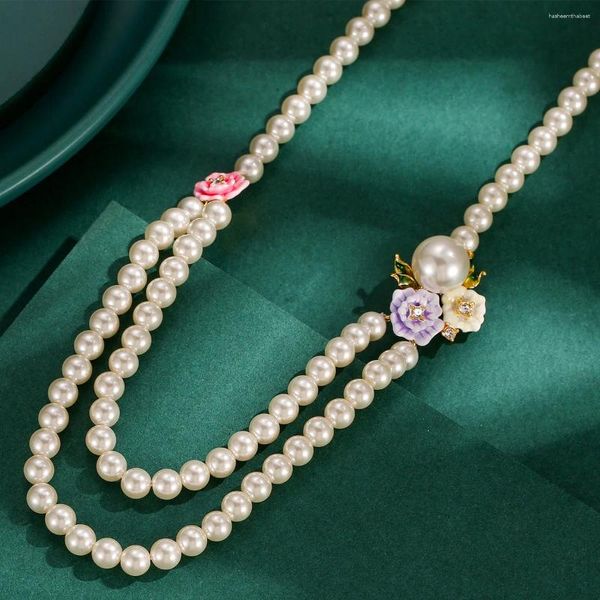 Anhänger Halsketten Süßes frisches elegantes Temperament Doppelschichtkristallperle Emaille drei Farbe Rosenblüten Kohlbeinkette