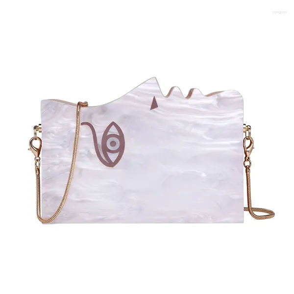 Bolsas de noite Personalidade de madeira Splicing acrílico branco exclusivo rosto de face hard saco de saco de rides drama bolsas de embreagem de luxo