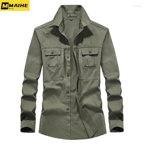 Herren Casual Shirts Marke Cotton Shirt Retro Taktische Multi-Pocket-Arbeitskleidung Vintage Armee Green Denim Mantel Mode Kleidung