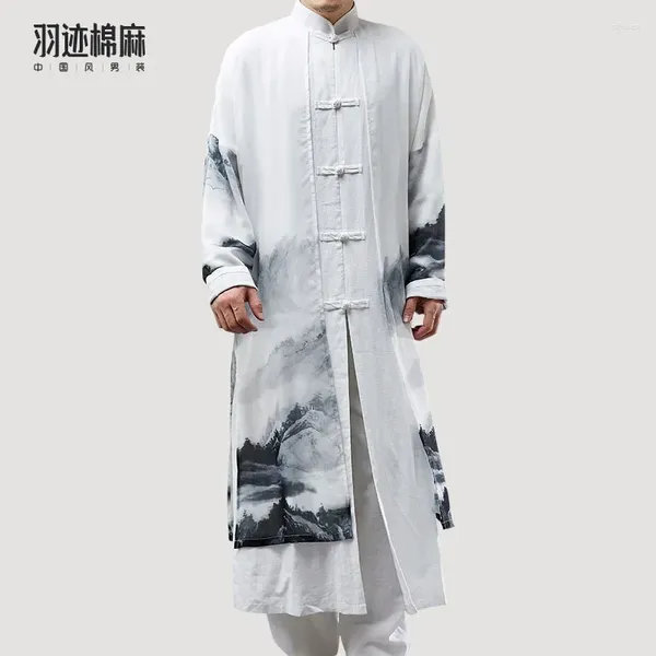 Roupas étnicas Spring Men Men tradicional chinês Tang Suit Retro Paisagem Print Robe Linho de algodão Tai chi roupas taoístas fantasia