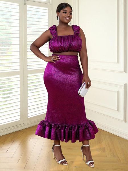 Vestidos de trabalho Fuchsia Glitter Mulheres verão Duas peças configuram -se brilhante colheita curta Cultura superior BodyCon Longa saia de saia de baile de baile de festas de festa