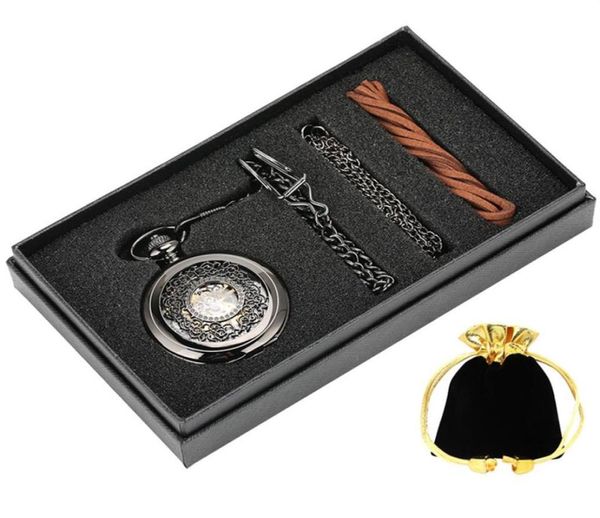 Bronze Vintage Skeleton Mechanical Hand Winding Unisex Pocket Watch Números árabes Dial Analog Watches for Men Women Gift Set256G3101718