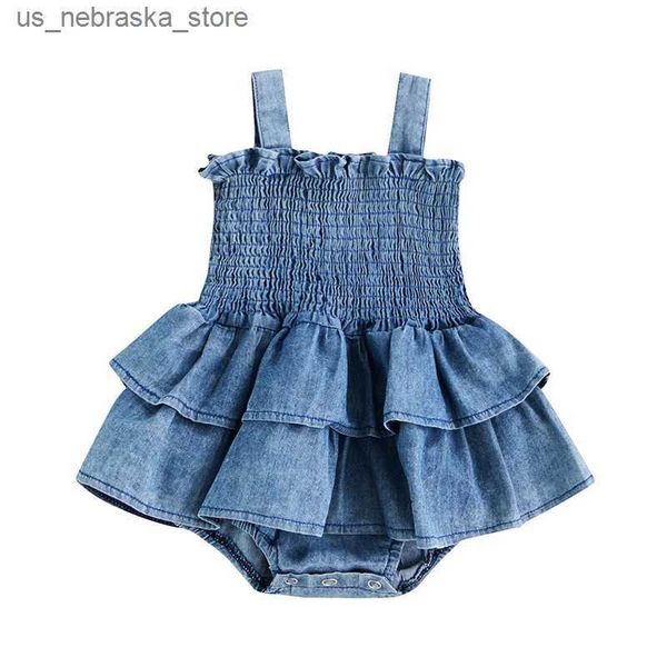 Abiti da ragazza Baby Summer Abbigliamento Summer Girning turista in denim con maniche a pieghe appese a pieghe e abbottonatura in basso su una tuta carina Q240418