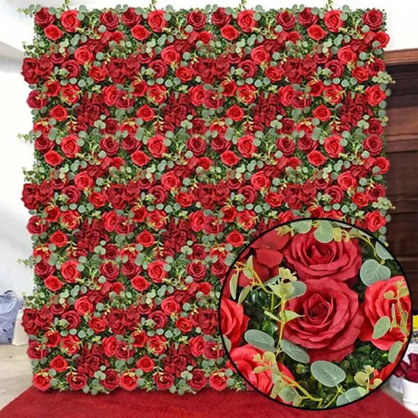 Simulazione Fiori di rosa di seta 3D da sfondo 3d decorativo eucalipto foglie rosso fiore di sfondo per arredamento per feste di nozze 240409