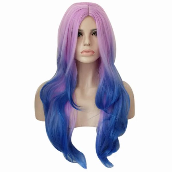 Perücken Woodfestival Pink Blue Ombre Perücken wellige lange mehrfarbige synthetische Faser Haare Hitzeresistent Cosplay Perücken Mädchen Frauen Frauen