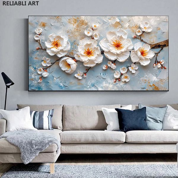 Resumo Texturas de obras de arte Branco flores em tela, pôster, decoração moderna da sala de pintura impressa, imagem de arte de parede cuadros sem moldura