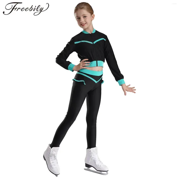 Bühne Wear Kids Girls Figuren Skating -Outfit funkelnde Strasseiseiskostüme Langarmjacke und Hosen Leggings Set Set