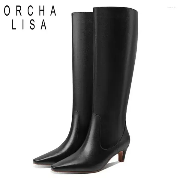 Botlar Orcha Lisa Büyük Boyut 43 Diz Şövalye Uzun 5,5cm Küçük İnce Topuk Çekme Geniş bacak noktalı ayak parmağı kadın ayakkabıları Sonbahar Kış