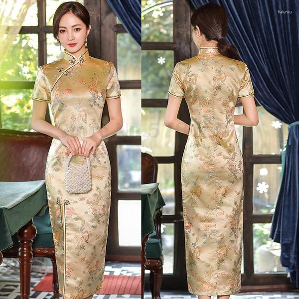 Ethnische Kleidung Frauen sexy schlank 3xl 4xl Cheongsam 2024 Sommer Kurzarm Langes Qipao traditioneller chinesischer Kleid Neuheit Satin gedruckt