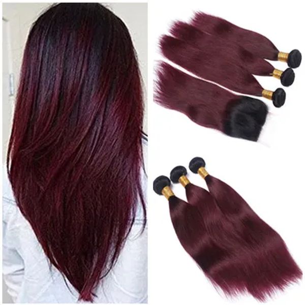 Wefts Малайзийский бордовый омбр -плетение волос с кружевным закрытием 4x4 Прямо 1B/99J темно -корень Красное Омбре Кравление с 3BUNDLE