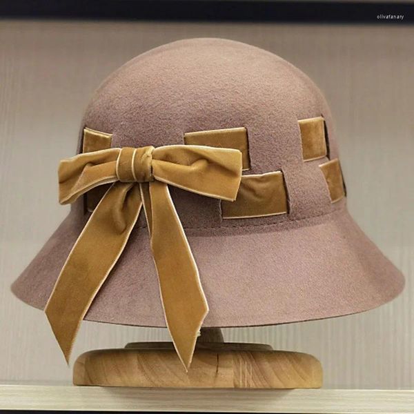 Boinas 2024 Chapéus de inverno de lã com banda de fita de veludo deco vaso largo cúpula hat cloche chapé balde de feltro