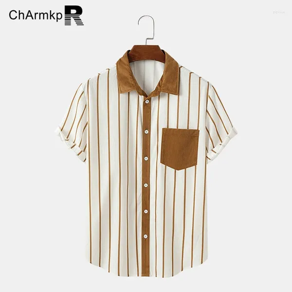 Camicie casual maschile Charmkpr 2024 Top a maniche corte estive camicia a strisce Abbigliamento per campestri di moda per patchwork