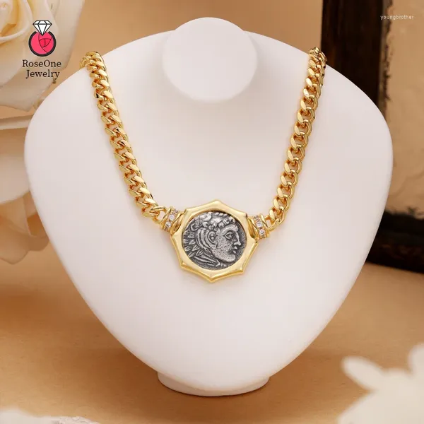Cadeias antigas de latão romano com moedas de prata retro de 18k colares de jóias femininas jóias punk hiphop designer cadeia