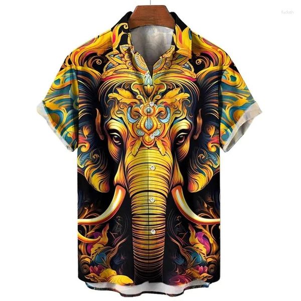 Herren lässige Hemden 3D bedrucktes Elefantenmuster Hawaiian Hemd Kleidung Sommer kurzärmeligte Lupe Button Up Beach für Männer Streetwear