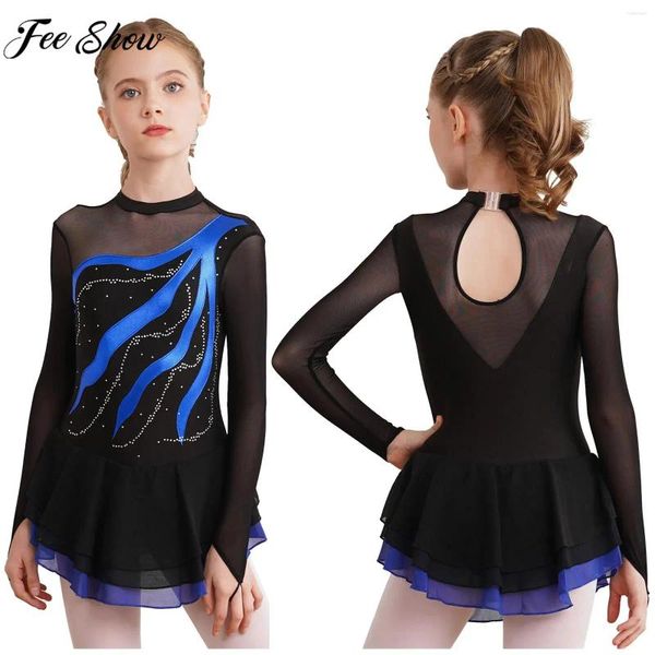 Stage desgaste crianças meninas figuras de patinação de vestido ginástica de balé dança lírica collant tutu manga longa shiny shiny mesh dancewear