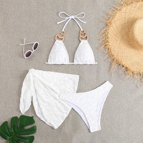 Costumi da bagno femminile a colori bianchi in 3 pezzi per donne 2024 Summer Sexy Beach Skirt Metal Anello Bikini Backing Bareding Sude